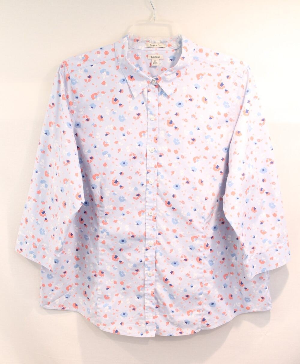 LL Bean Winkle Free Top Womens size 2X Blue Floral Collar 3/4 Sleeve Button-up